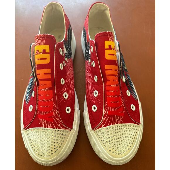 Y2K Ed Hardy Red Slip-On Low Top Sneakers Eagle Tattoo Rhinestone Toe Size 11 - Picture 3 of 8